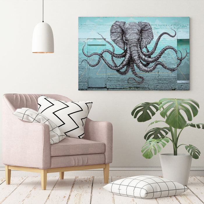 ELEPHANT OCTOPUS GRAFFITI CANVAS WALL ART PRINT ARTWORK  FRAMED TEAL TURQUOISE