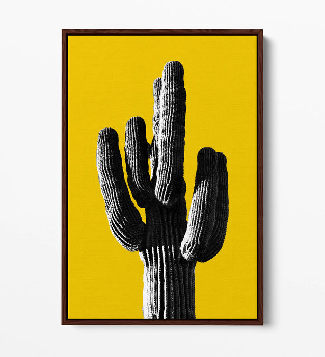 TRENDY B&W CACTUS POP ART YELLOW -FLOAT EFFECT CANVAS WALL ART PRINT