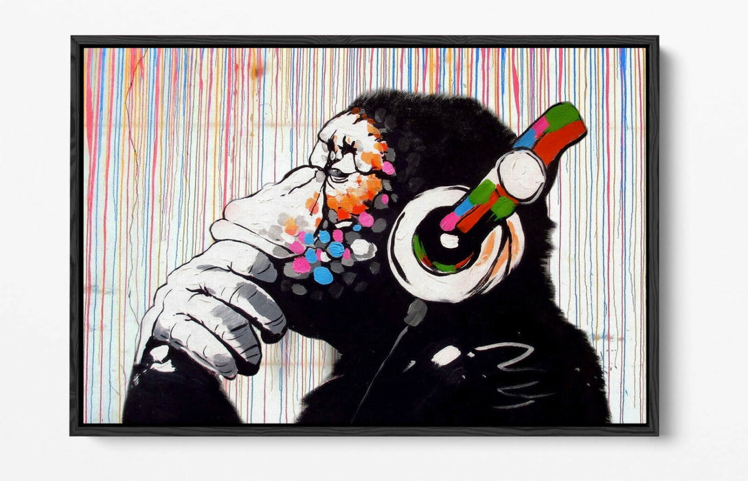BANKSY DJ MONKEY RAIN -FLOAT EFFECT CANVAS WALL ART PIC PRINT- WHITE BLACK