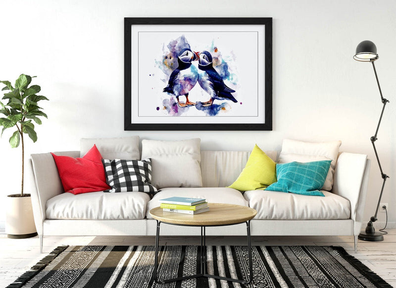 Puffins Wall Art - Framed Cute Bird Artwork With Woodgrain Frame, Ready To Hang