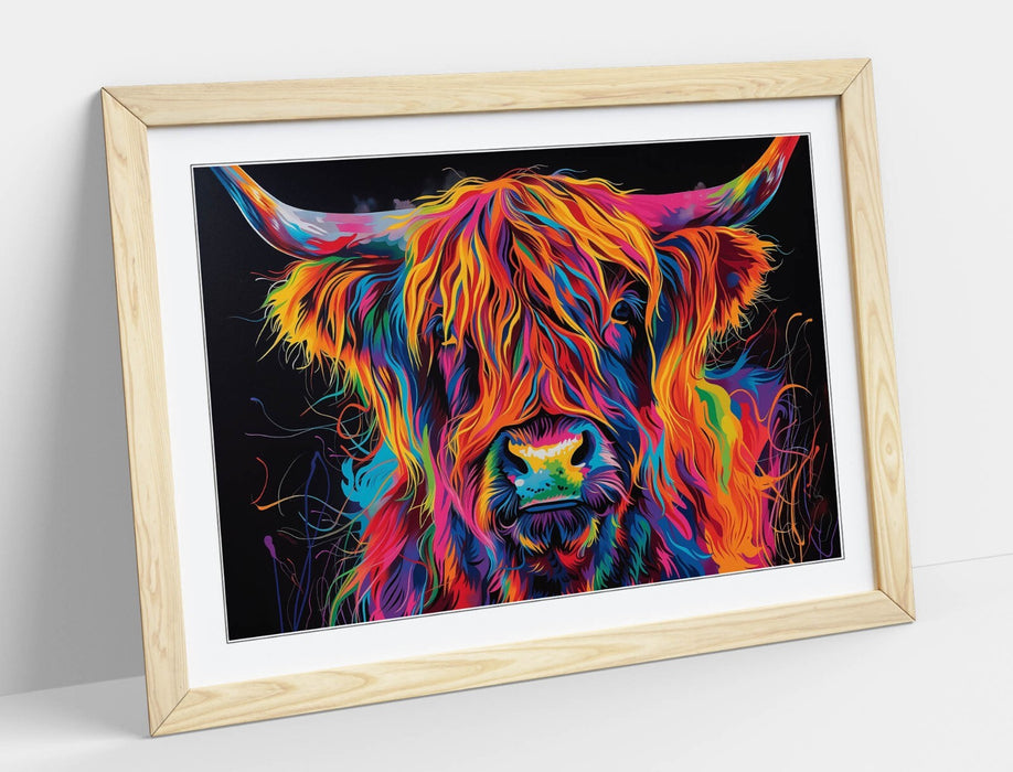 Highland Cow Wall Art – Framed Multi Colour Poster with Woodgrain Faux Frame