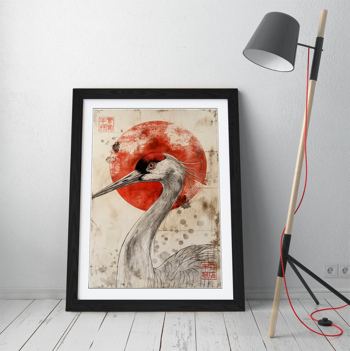 Asian Framed Wall Art – Portrait Crane Print With Red Sun | Handmade UK Frame