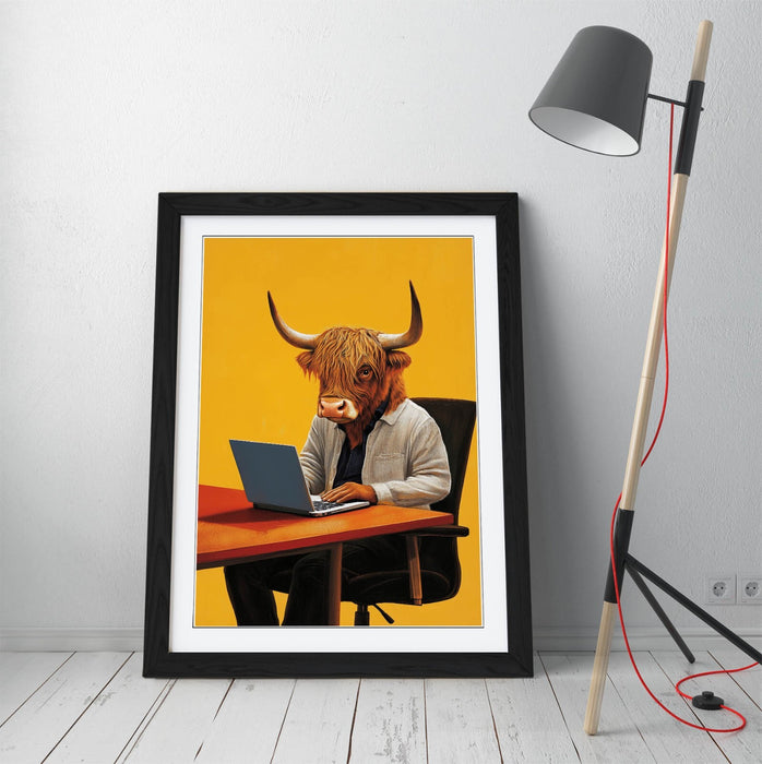 Highland Cow Wall Art – Framed Anthropomorphic Animal Poster Print With Woodgrain Frame