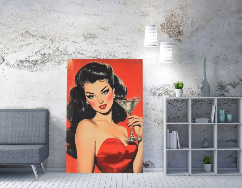 Martini Cocktail Canvas Art – Glamorous Woman In Red Dress | Handmade Print