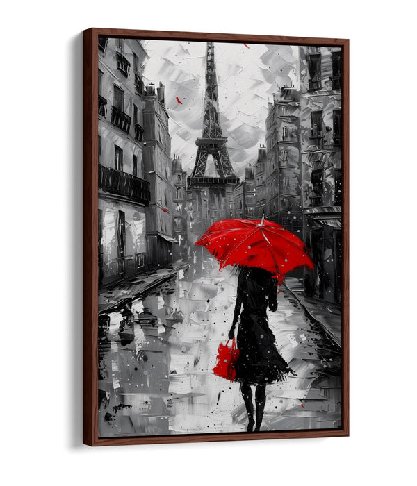 Red Umbrella Canvas - Paris City Black White Print | Handmade Wall Art Float Effect