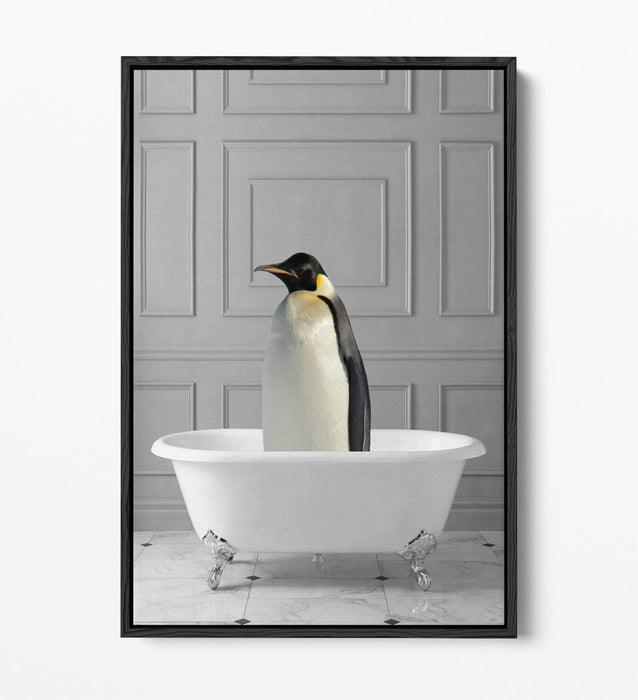 PENGUIN IN BATHTUB -QUIRKY BATHROOM FLOAT EFFECT CANVAS WALL ART PRINT