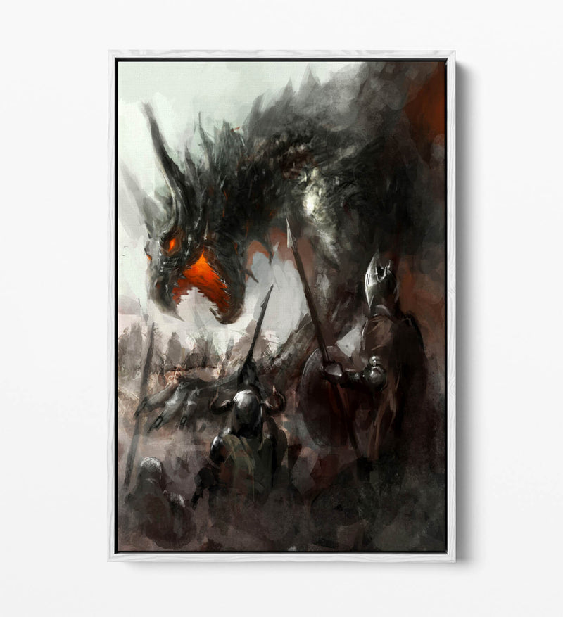 Canvas Wall Art – Watercolour Dragon & Knights Float Effect Print with Premium Frame