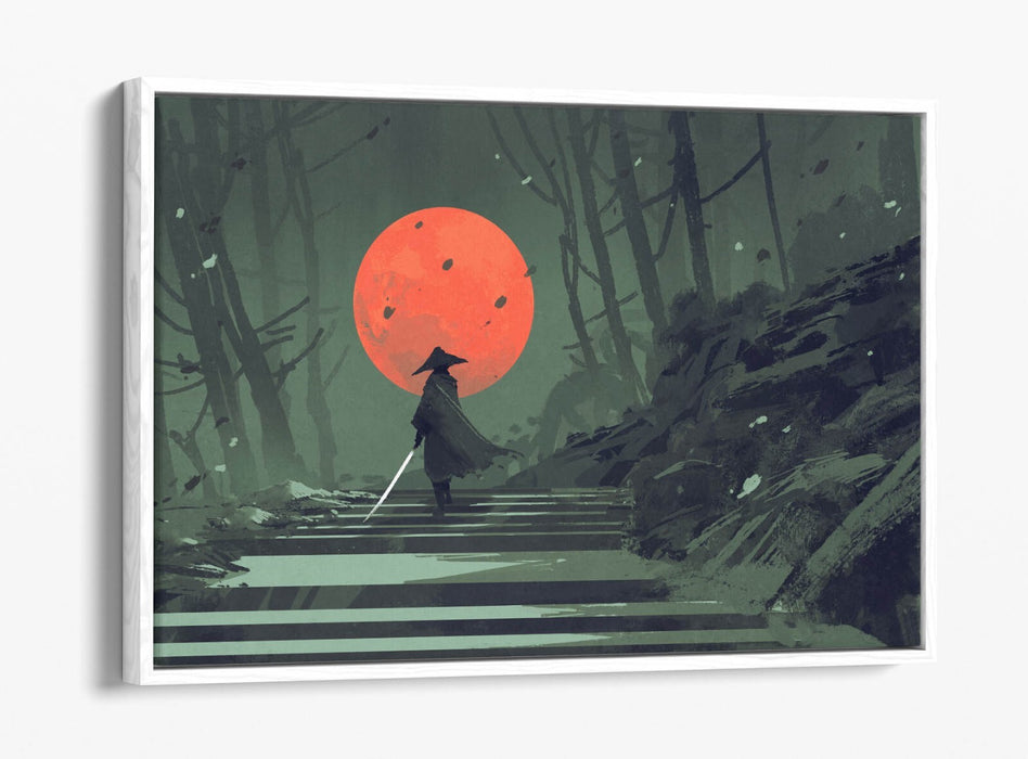 Samurai Canvas Art - Float Effect Canvas Wall Art With Red Moon Artwork