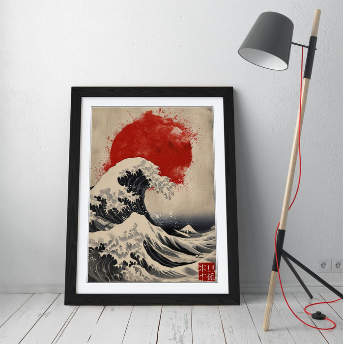 Framed Wall Art – Hokusai Wave Print With Red Sun | Bedroom Wall Decor
