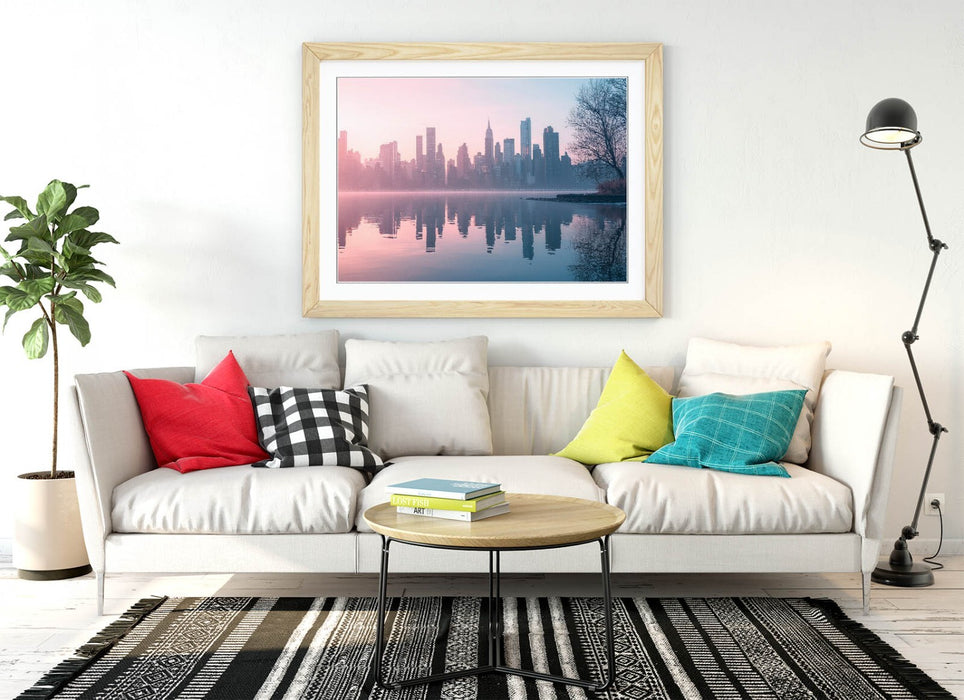 City Skyline Wall Art – Framed Urban River Reflection Poster Print with Woodgrain Frame