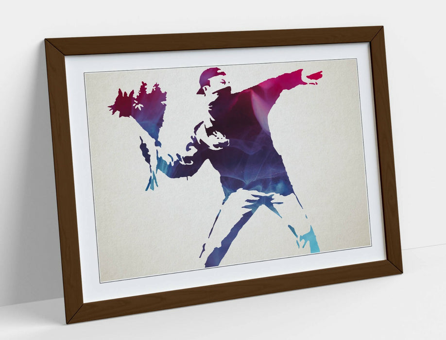 BANKSY, FLOWER THROWER PURPLE BLUE -FRAMED WALL ART PICTURE PRINT
