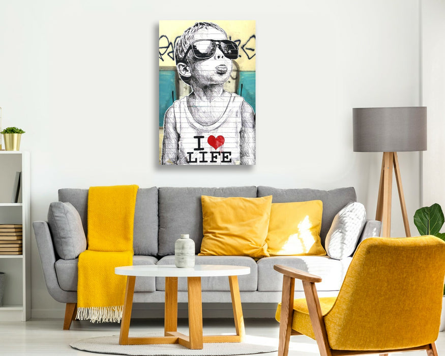BANKSY I LOVE LIFE BOY CANVAS STREET WALL ART PRINT ARTWORK YELLOW TEAL