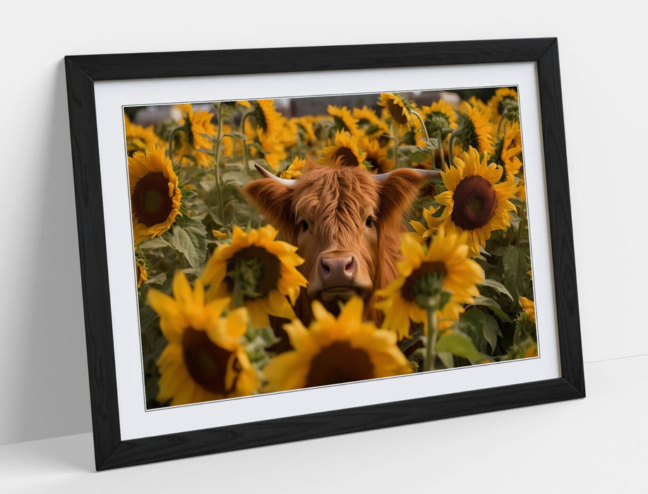 Highland Cow Wall Art – Framed Sunflower Field Poster | Rustic Farmhouse Decor