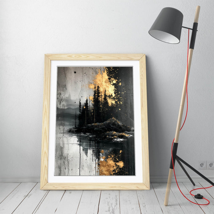 Framed Wall Art Abstract Black Gold Poster Forest Print - Modern Home Decor