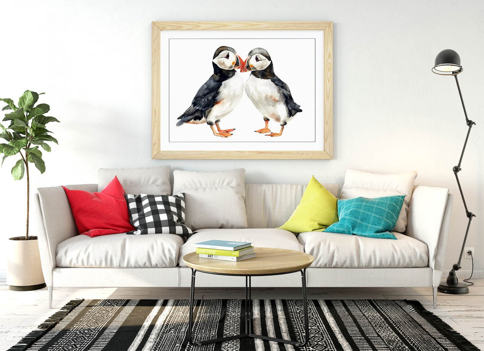 Puffins Wall Art – Framed Cute Animal Poster With Woodgrain Frame Print