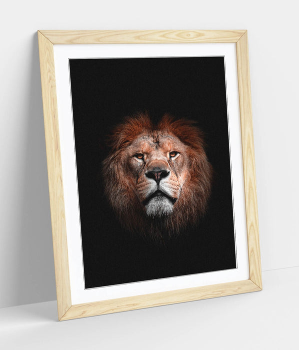 Lion Head Wall Art – Framed Darkness Photography Print with Faux Wood Frame