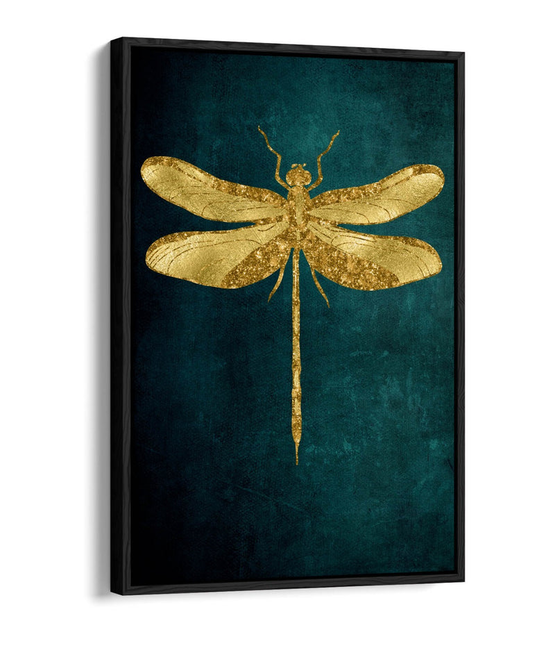 Canvas Wall Art – Gold Dragonfly On Dark Teal Background | Float Effect Print