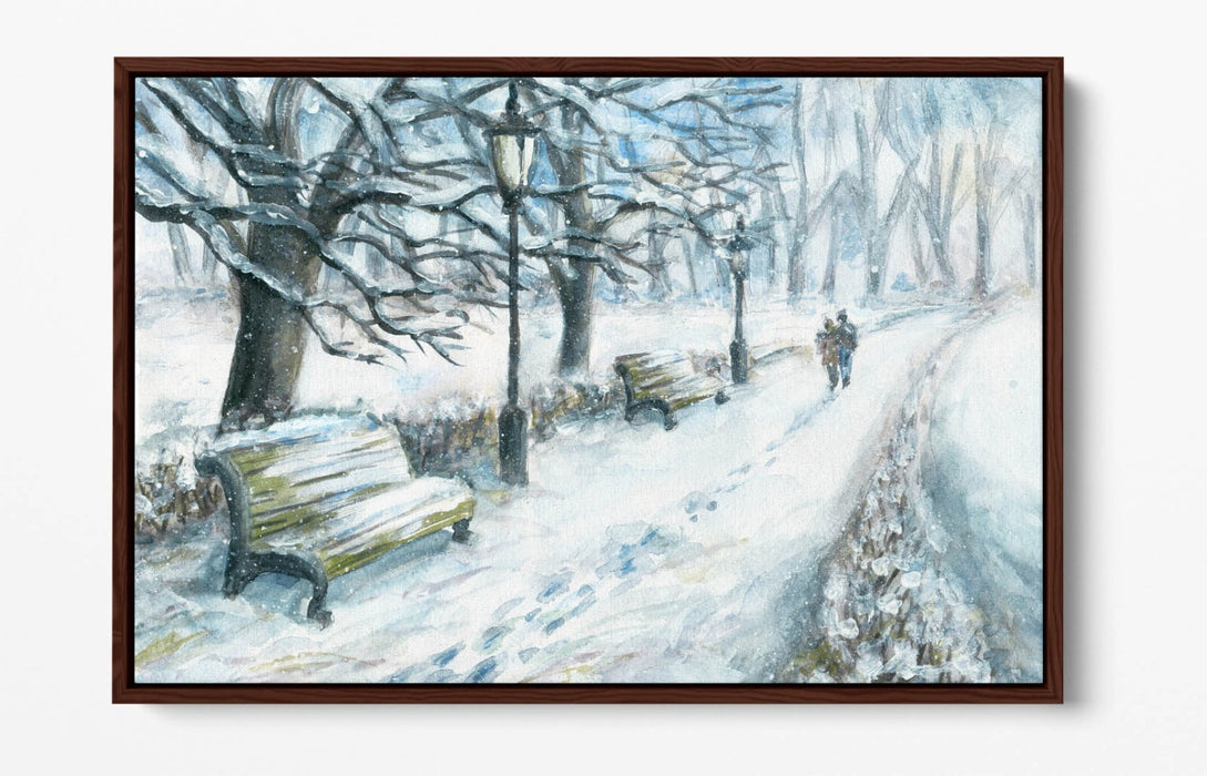 COUPLE WALKING IN SNOWY PARK WINTER FLOAT EFFECT CANVAS WALL ART PRINT