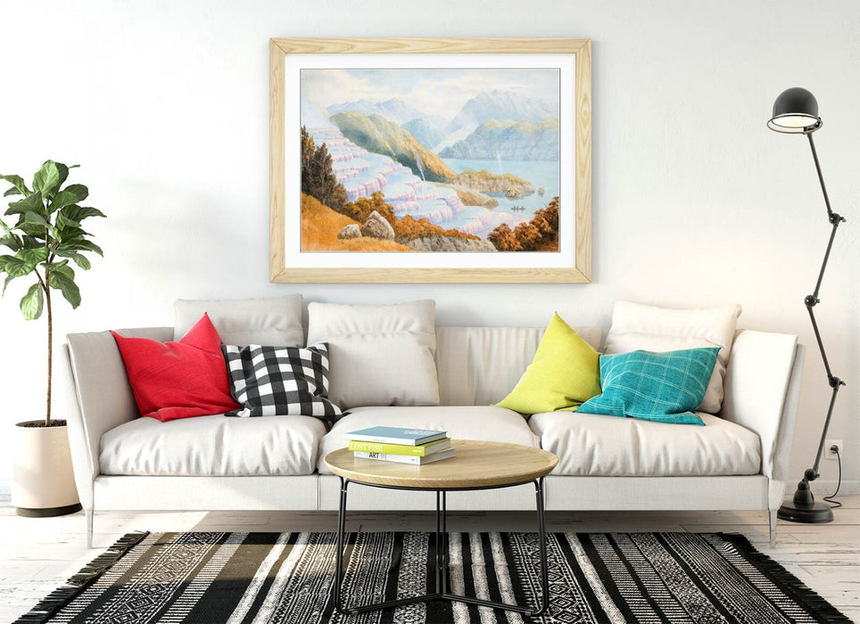 Framed Wall Art - John Hoyte Pink Terraces Poster Print With Woodgrain Frame