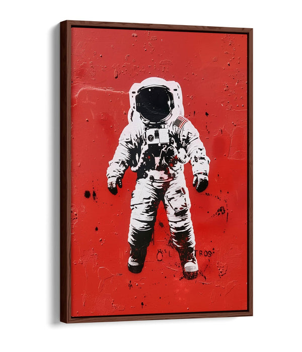 Astronaut Stencil Canvas – Graffiti Style Art with Red Background Print & Float Effect Frame