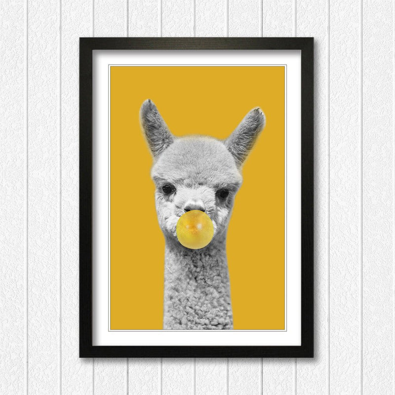 Framed Poster Wall Art – Happy Alpaca Print With Mustard Yellow Decor & Woodgrain Frame