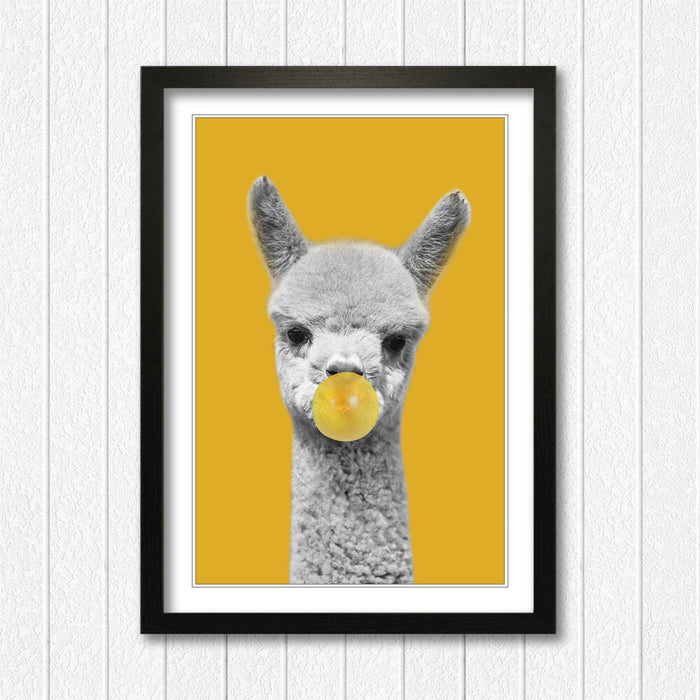 Framed Poster Wall Art – Happy Alpaca Print With Mustard Yellow Decor & Woodgrain Frame