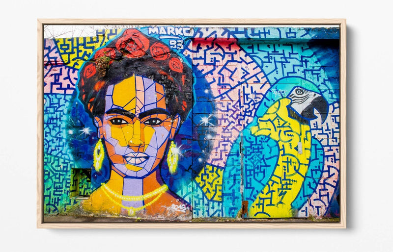 Frida Kahlo Canvas Art - Colorful Parrot Graffiti Decor | Float Effect Wall Print