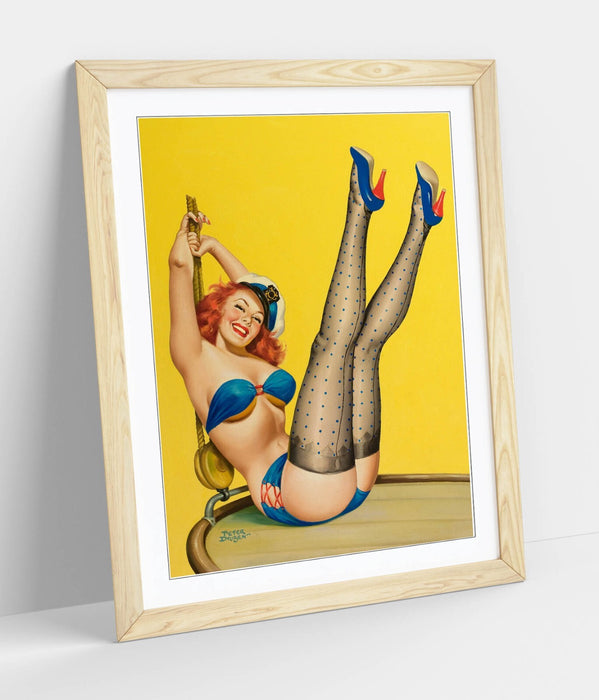 Vintage Pin Up Poster – Framed Wall Art | Retro Sailor Print With Wood Grain Frame