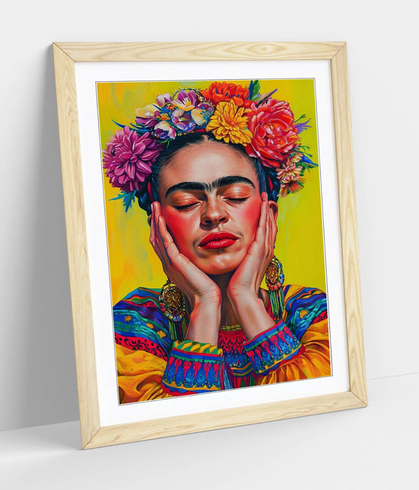Frida Kahlo Wall Art – Colourful Portrait Print With Natural Wood Frame