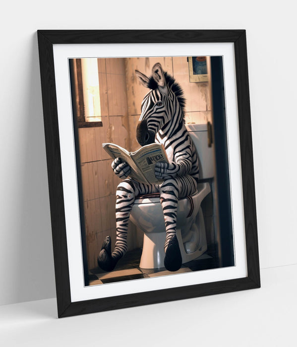 Funny Zebra Wall Art – Framed Poster Print With Woodgrain Frame Finish