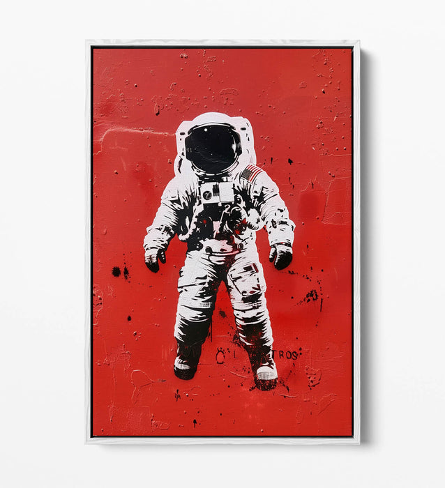 Astronaut Stencil Canvas – Graffiti Style Art with Red Background Print & Float Effect Frame
