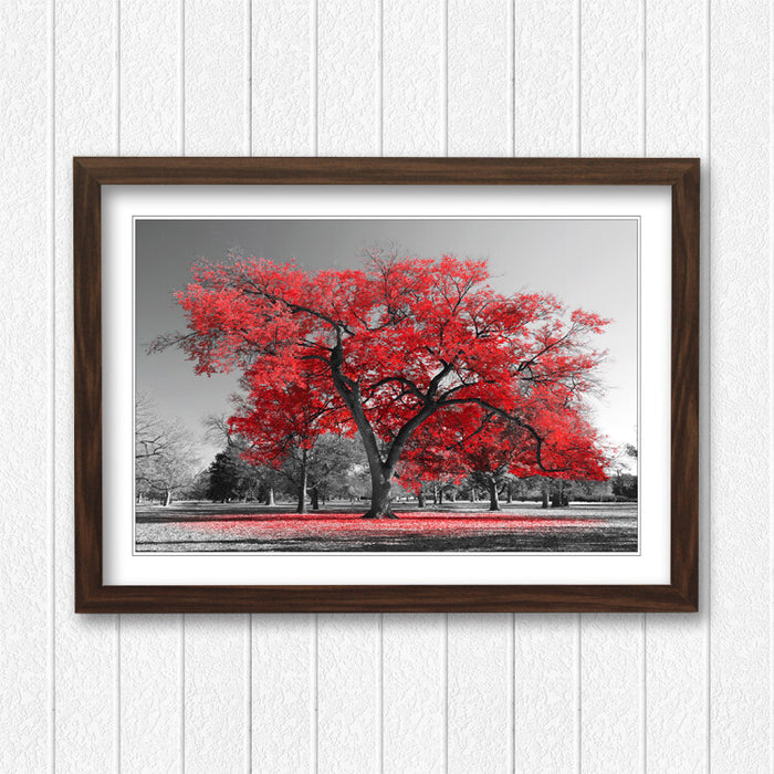 Framed Wall Art - Large Tree Red Leaves Poster With Natural Wood Frame
