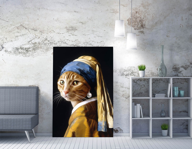 Cat Pearl Earring Art - Funny Decor Canvas Wall Art Print with Premium Varnish Finish