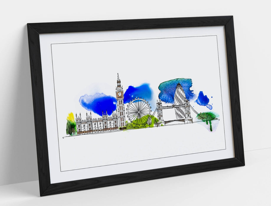 London Cityscape Wall Art – Framed Watercolour Poster Print With Wood Grain Frame