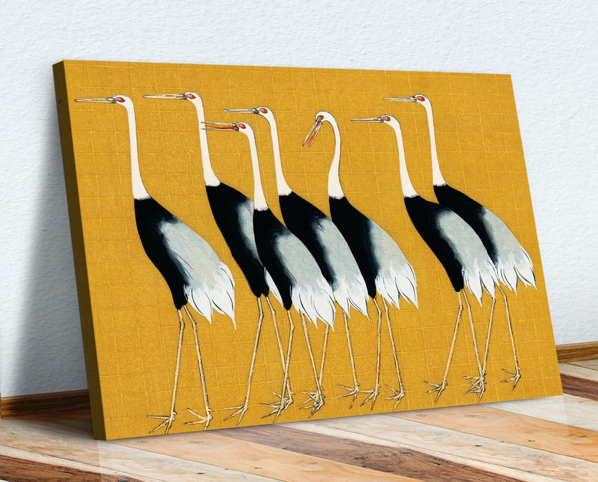 Mustard Canvas Wall Art – Oriental Crane Artwork | Handmade Japanese Decor Print
