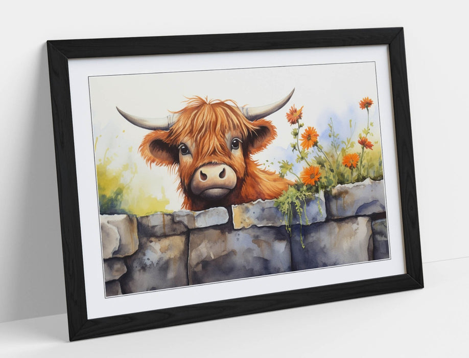 Highland Cow Wall Art – Framed Rustic Home Decor with Woodgrain Frame