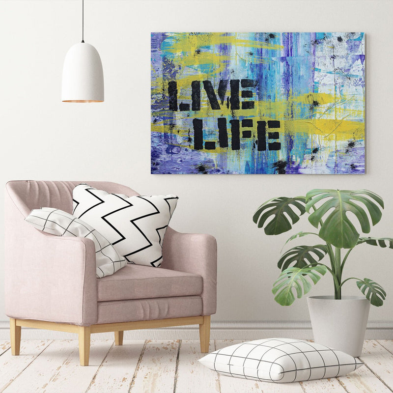 Graffiti Canvas Wall Art – Live Life Quote Blue Yellow Urban Decor Print