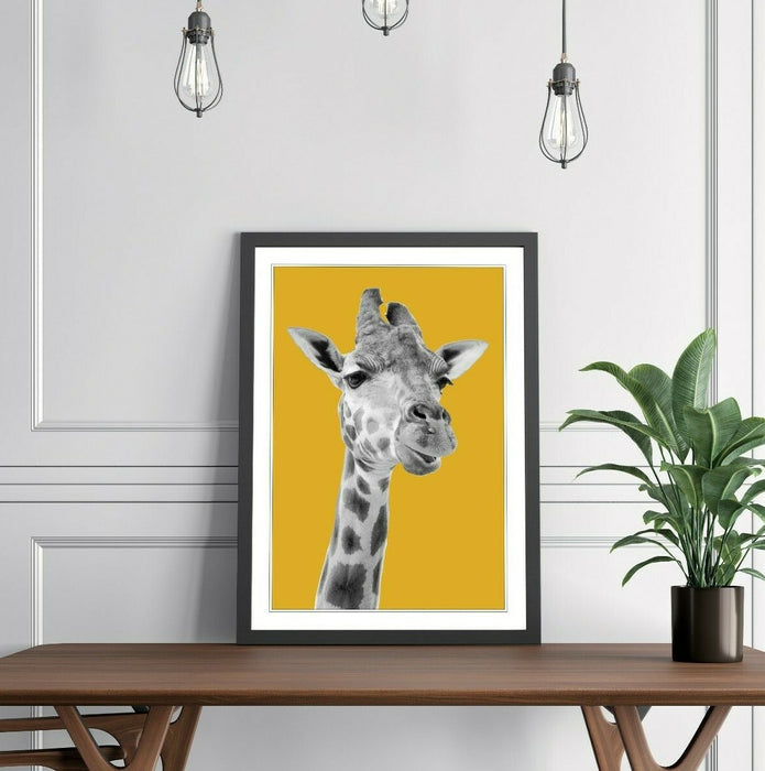 Giraffe Framed Poster – Black and White Animal Print with Mustard Decor