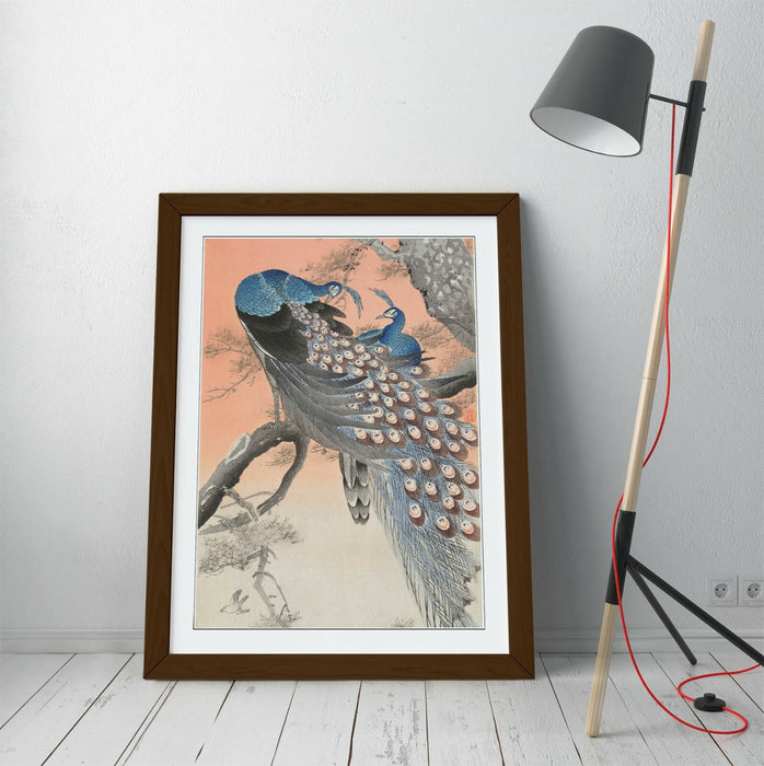 OHARA KOSON, TWO PEACOCKS ON TREE BRANCH -FRAMED STREET ART POSTER PICTURE PRINT