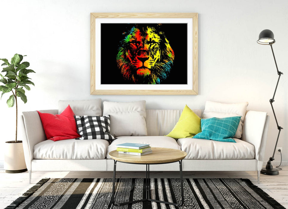 MULTI COLOUR LION SKETCH BLACK BACKGROUND 2 -FRAMED ART POSTER PICTURE PRINT
