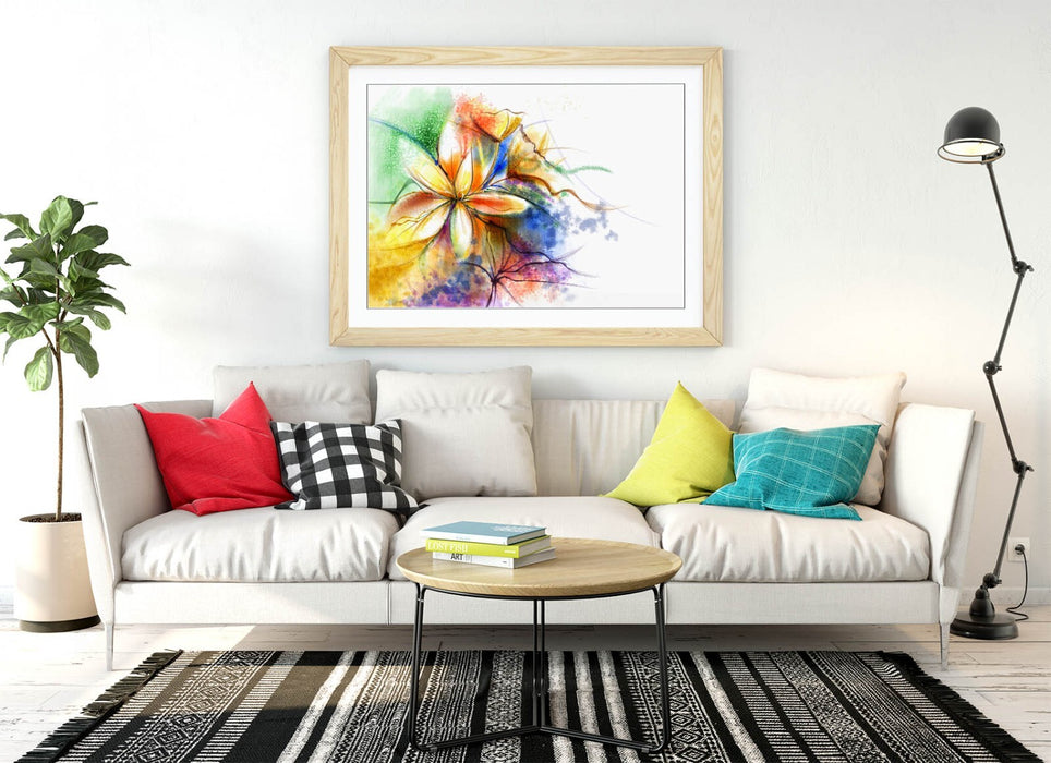 Framed Wall Art - Flower Multi Colour Splash Abstract Poster Print With Woodgrain Frame