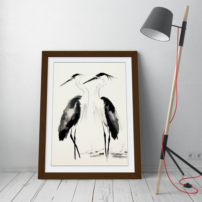 Framed Wall Art | Two Heron Birds Oriental Ink Style Poster Print - Handmade Decor