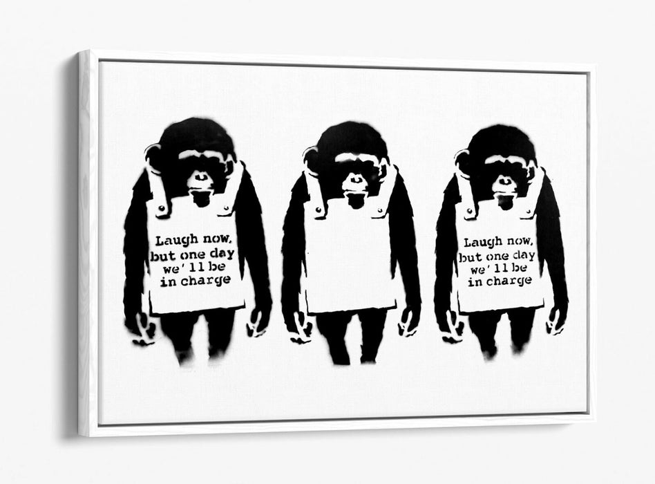 BANKSY LAUGH NOW -FLOAT EFFECT CANVAS WALL ART PIC PRINT- BLACK & WHITE