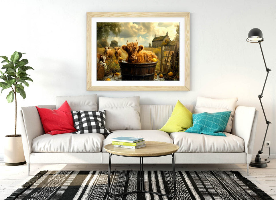 Highland Cow Wall Art – Framed Bathroom Decor Print With Woodgrain Frame