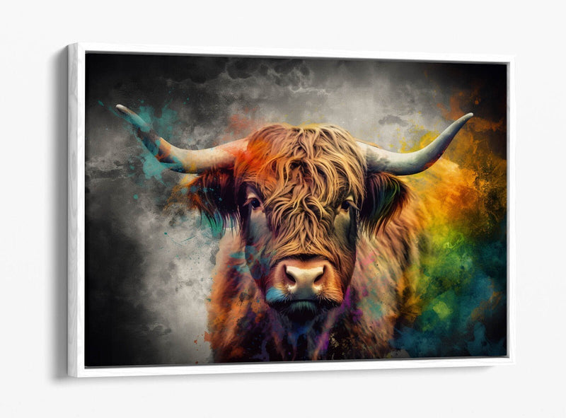 Canvas Wall Art – Highland Cow Multi Colour Print | Float Effect Frame, Handmade