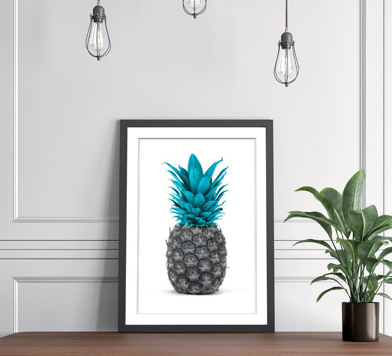 Framed Pineapple Poster – Teal Blue Wall Art With Wood Grain Frame & Good Fortune Decor