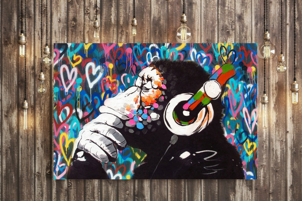 MONKEY DJ BANKSY LOVE WALL CANVAS STREET ART PICTURE PRINT FRAMED  -  GORILLA