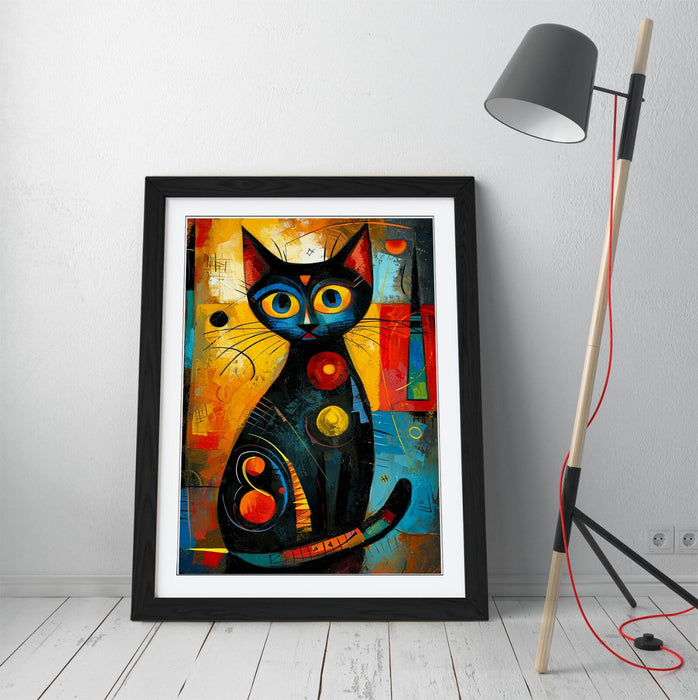 Black Cat Wall Art - Framed Abstract Home Decor Poster Print | UK Handmade