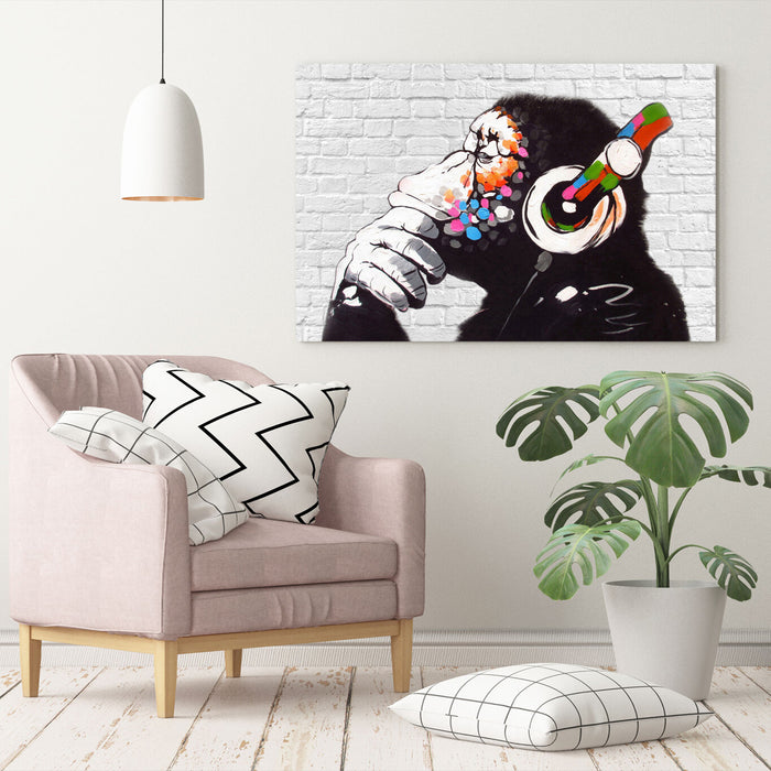 MONKEY DJ BANKSY WHITE BRICK CANVAS STREET WALL ART PRINT ARTWORK -  GORILLA