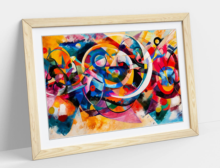 Framed Wall Art Poster – Abstract Multi Colour Kandinsky Style Print with Woodgrain Frame